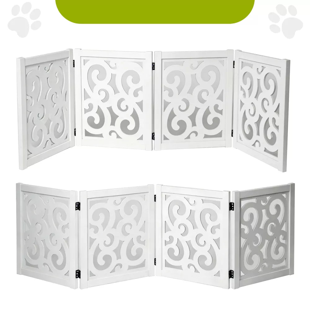 4-Panel 360° Hinge Freestanding Scroll Wooden Pet Gate