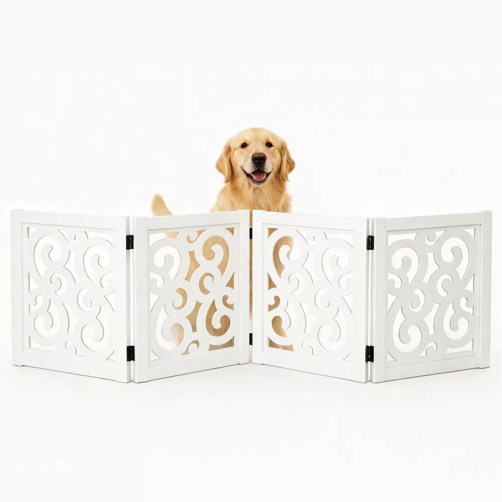 4-Panel 360° Hinge Freestanding Scroll Wooden Pet Gate